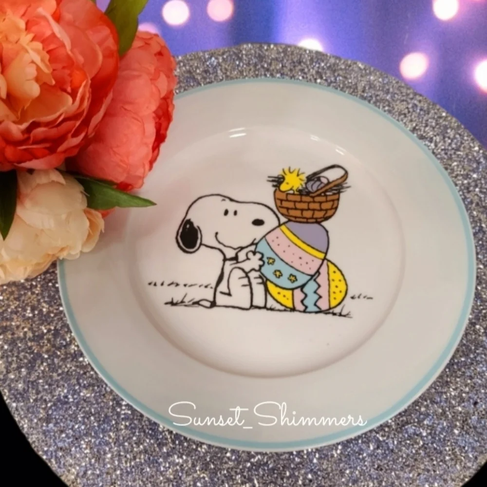 4pc Set Peanuts Snoopy Woodstock Easter Basket Eggs Porcelain Dinner Plates New